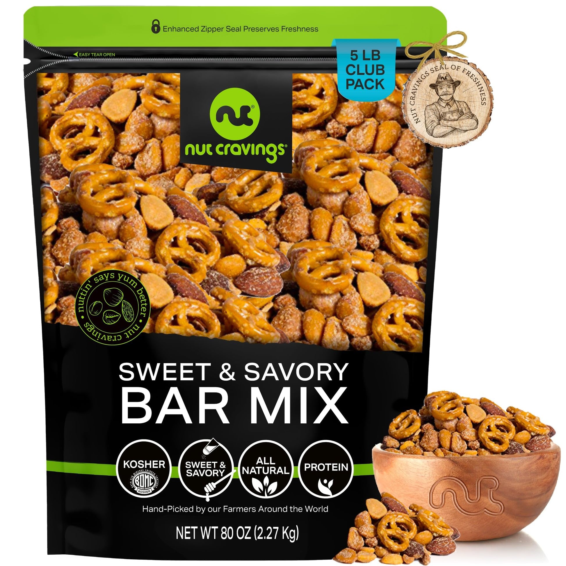 Nut Cravings Party Bar Nut Mix - Smoked Almonds, Pretzels, Toffee Peanuts, 80oz (5 LB) Resealable Bag