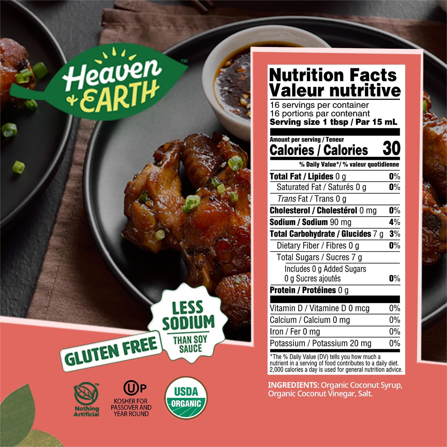 Heaven & Earth Organic Coconut Aminos, 8.4 Oz | Soy Free | Paleo Friendly | Low Sodium | Soy Sauce Replacement | Kosher (Includi
