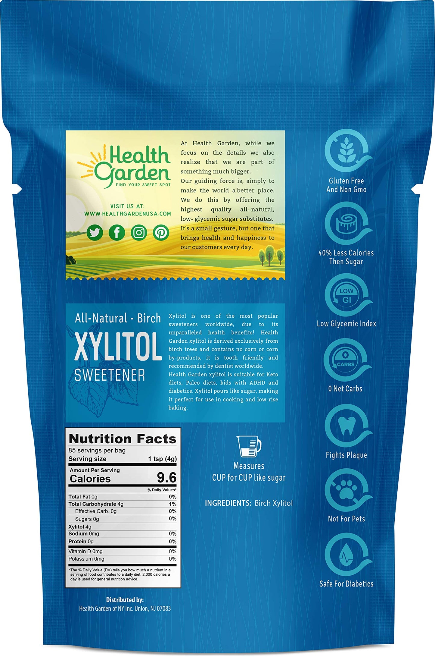 Health Garden Birch Xylitol Sweetener - 15 Oz Resealable Bag - Pure Birch Xylitol - Non Gmo, Kosher, And Made In The U.S.A. - Ideal Powdered Sugar Substitute - Non-Gmo Sugar Alternative