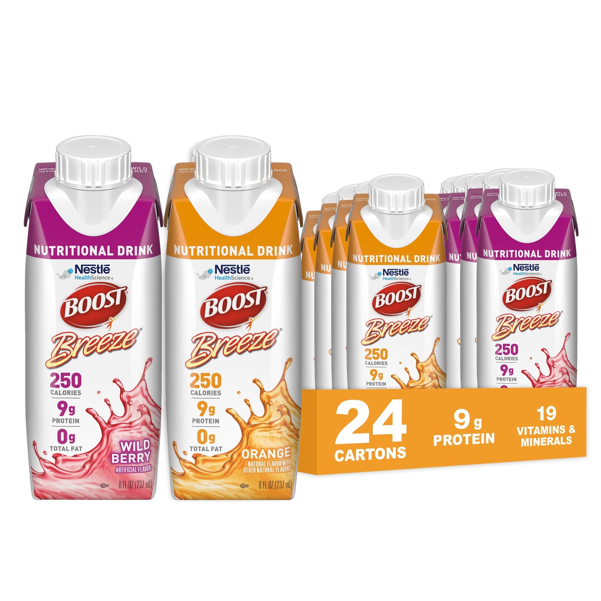 Boost Breeze Clear Nutritional Drink, 9G Protein, 250 Nutrient-Rich Calories, 2 Flavor Variety Case (Orange + Wildberry), 8 Fl O