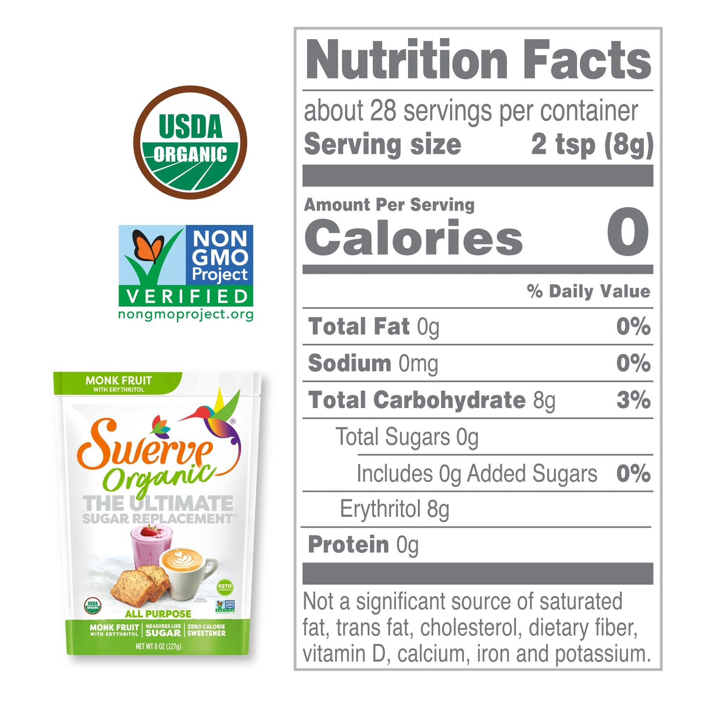 Swerve Organic Monk Fruit All-Purpose Granular Sugar Replacement Sweetener, 8 Ounce Bag