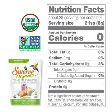 Swerve Organic Monk Fruit All-Purpose Granular Sugar Replacement Sweetener, 8 Ounce Bag