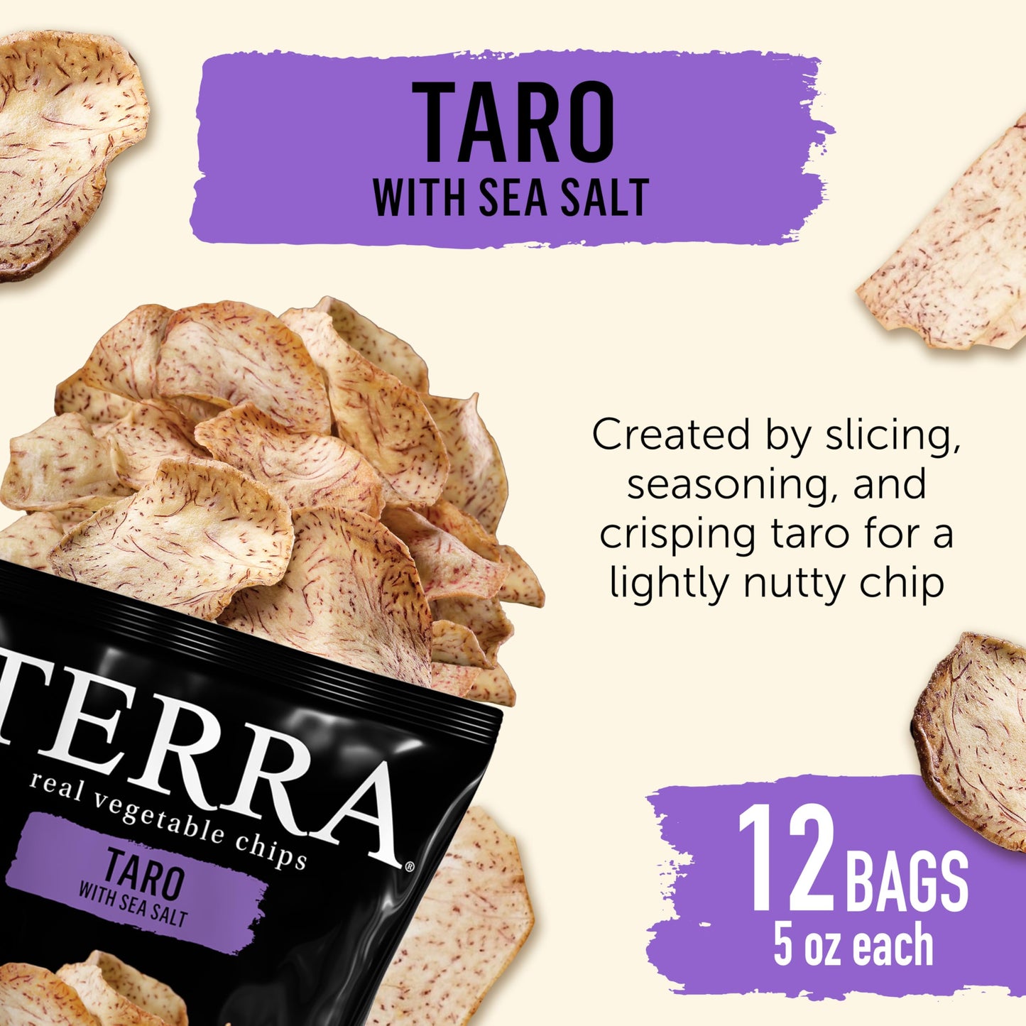 Terra Vegetable Chips, Taro Chips with Sea Salt, 5 Oz (Pack of 12), Black & Peach