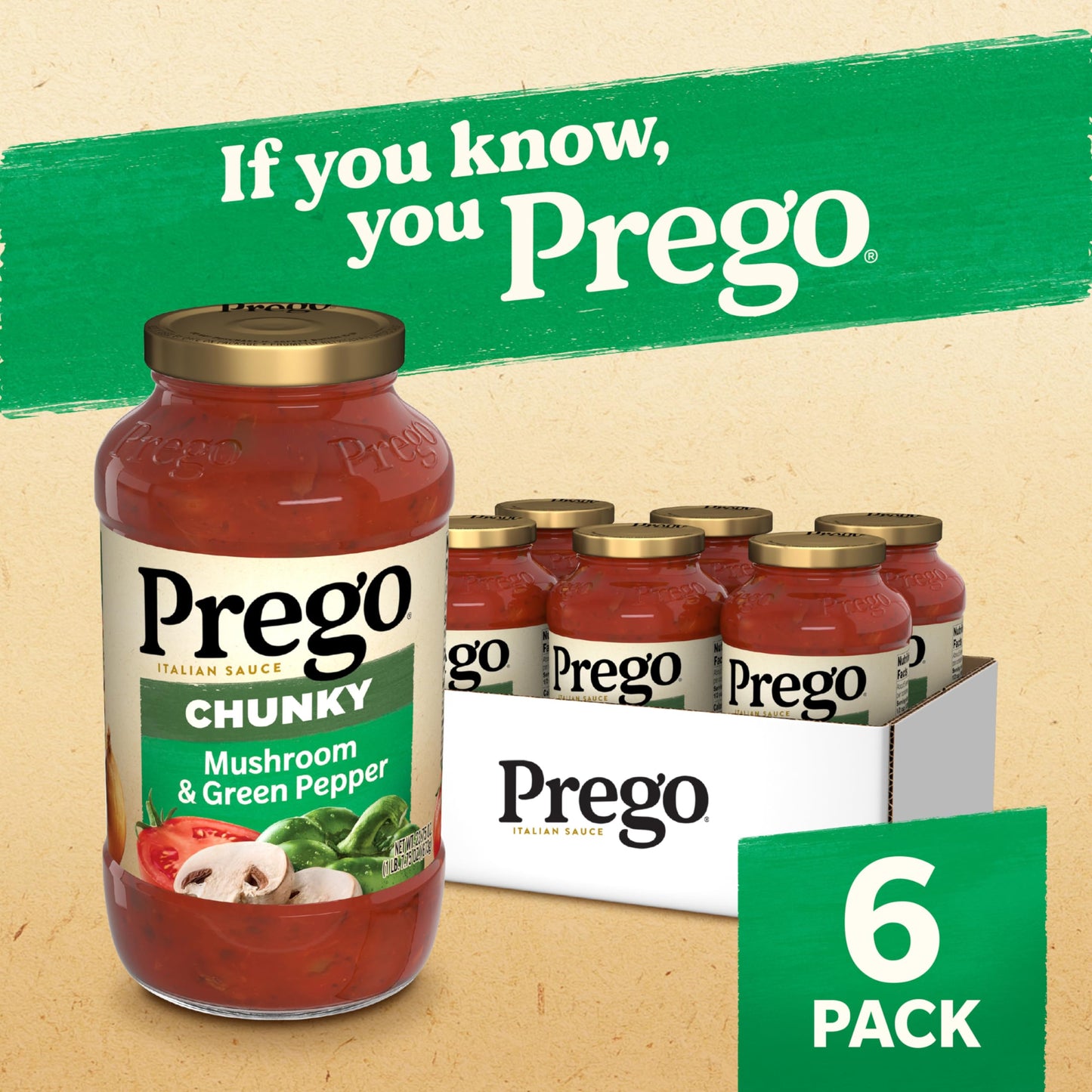 Prego Chunky Mushroom And Green Pepper Pasta Sauce, 23.75 Oz Jar (Case Of 6)