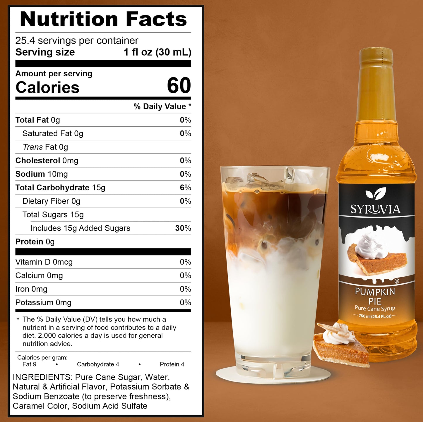 Syruvia Pumpkin Pie Syrup - Pumpkin Pie Coffee Syrup Flavor, 25.4 Fl Oz, Kosher, Gluten Free, Perfect For Coffee, Drinks, Soda,