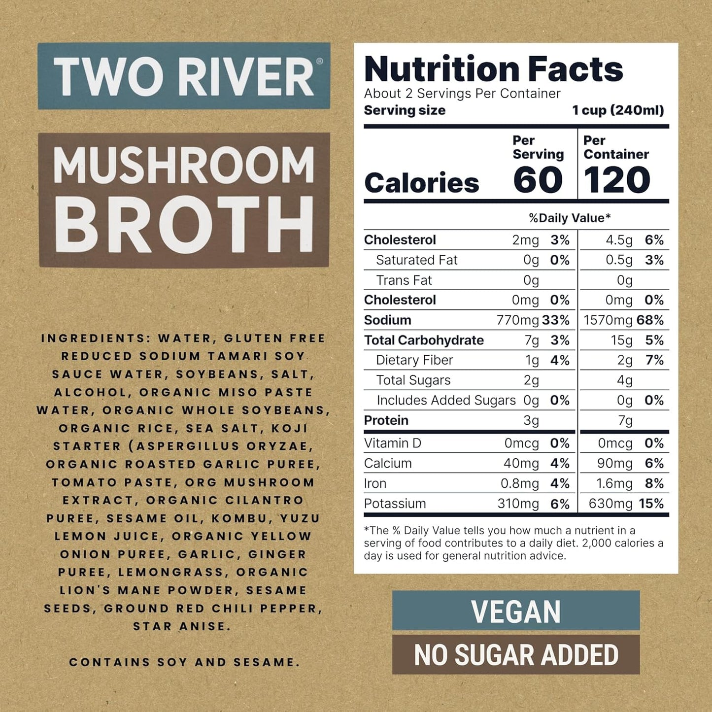 Two River Lions Mane Mushroom Broth made with organic Lions Mane and Shiitake Mushrooms, vegan plus adaptogens, perfect for si