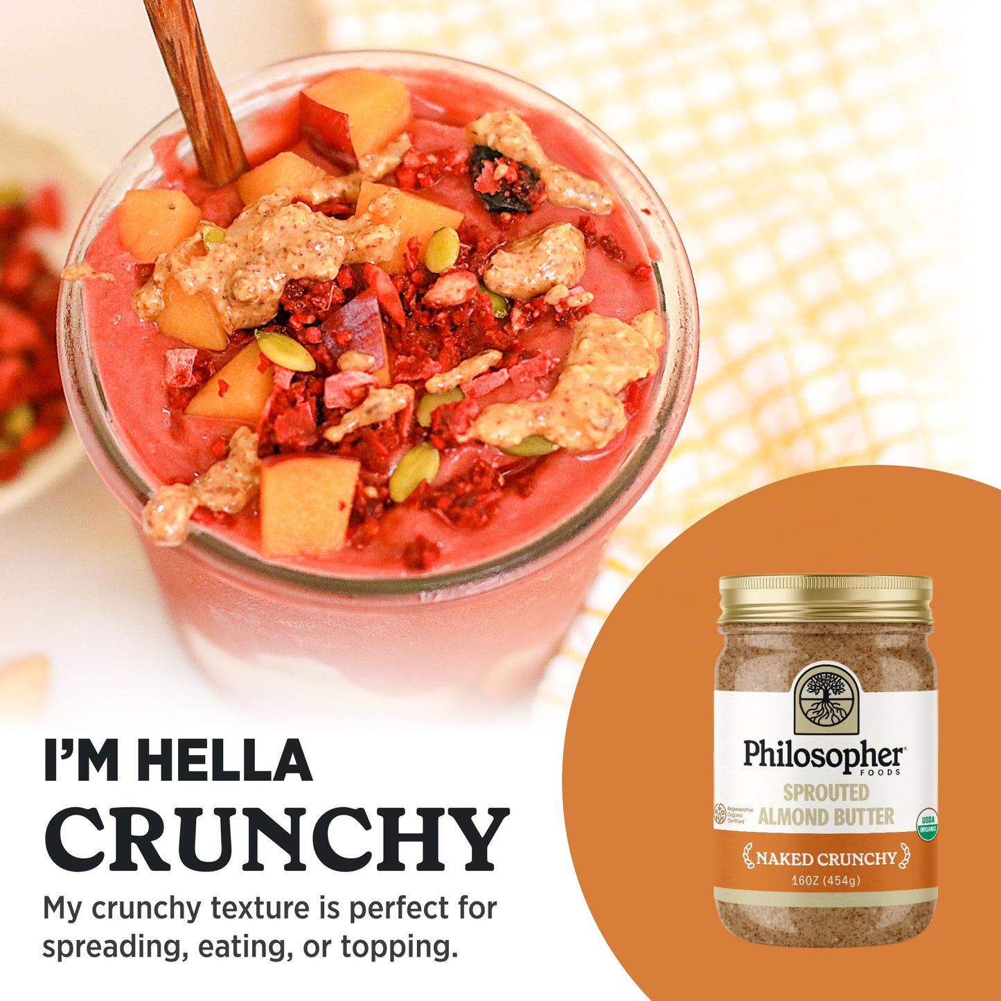 Philosopher Foods - Naked Creamy + Crunchy Organic Sprouted Almond Butter - 16 Oz (Pack Of 2) - Stone Ground Regenerative Organi