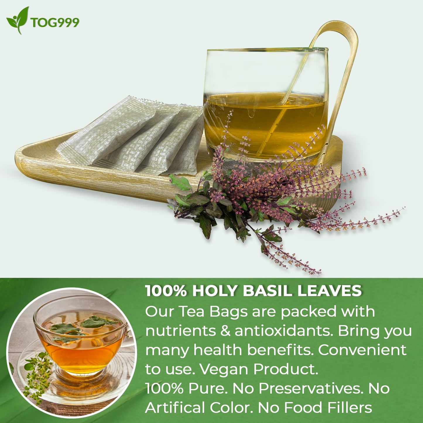TOG999 Holy Basil Leaf Tea Bags, 100% Natural Herbal Tea, Vegan, 120 Bags