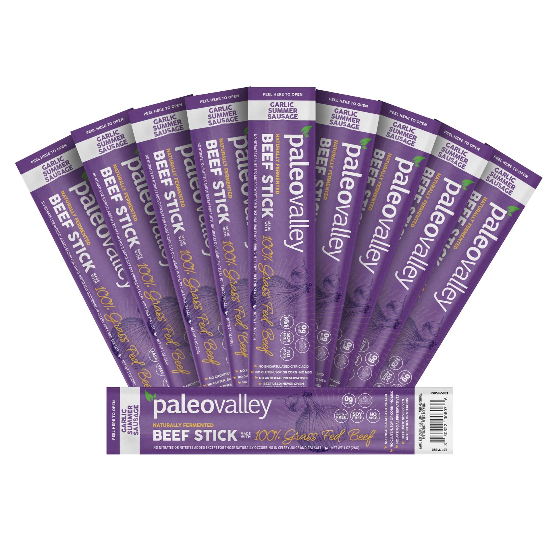 Paleovalley 100% Grass Fed Garlic Summer Sausage Beef Sticks - Delicious Gluten Free Beef Snack - High Protein Keto Friendly