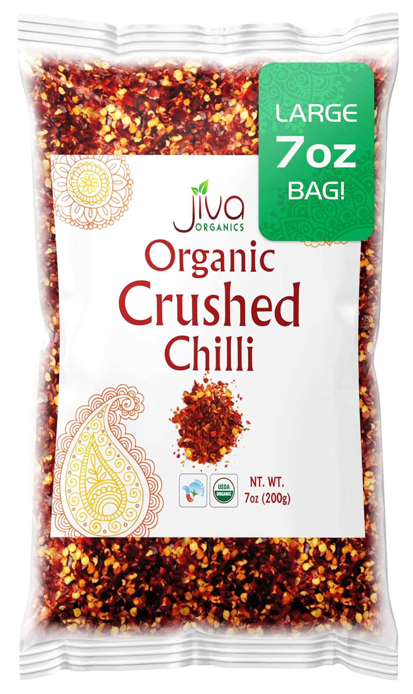 Jiva Organic Chili Flakes 7oz Bag - Crushed Red Pepper Medium Heat, 100% Natural & Non-GMO