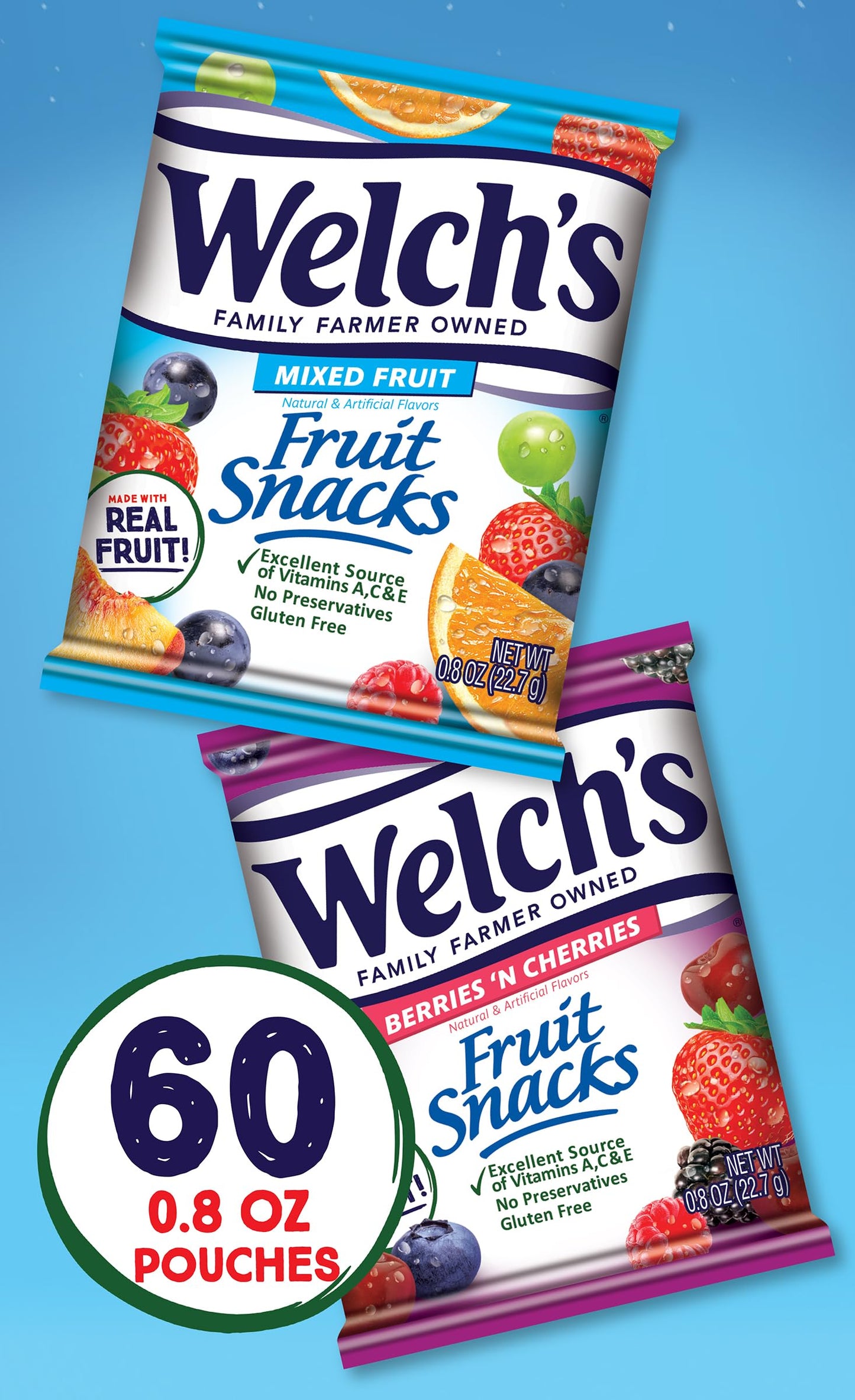 Welch s Fruit Snacks, Mixed Fruit & Berries  N Cherries Variety Pack, Great for School Lunches, Bulk Pack, Stocking Stuffers,