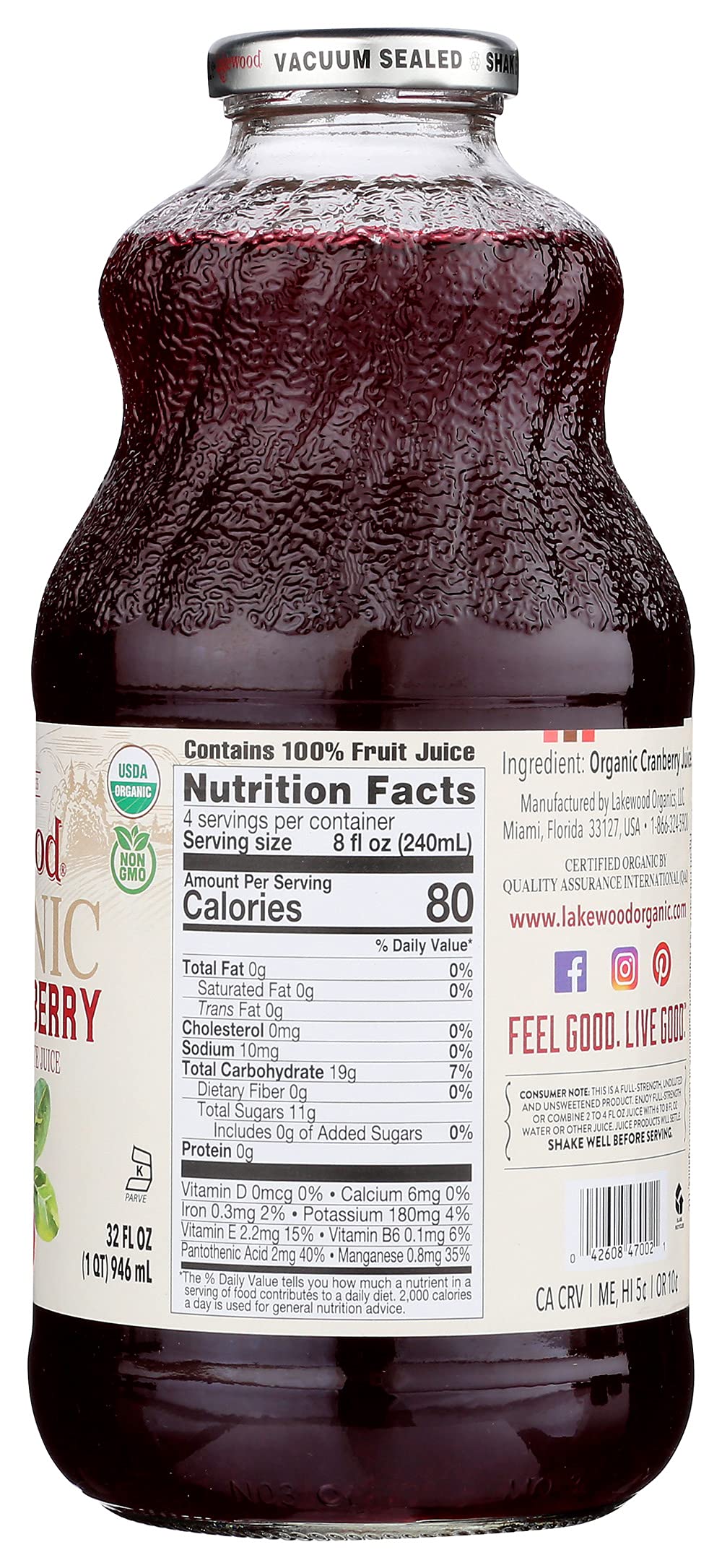 Lakewood Organic Pure Cranberry, Fresh Pressed, 32 Fl Oz (Pack Of 6)