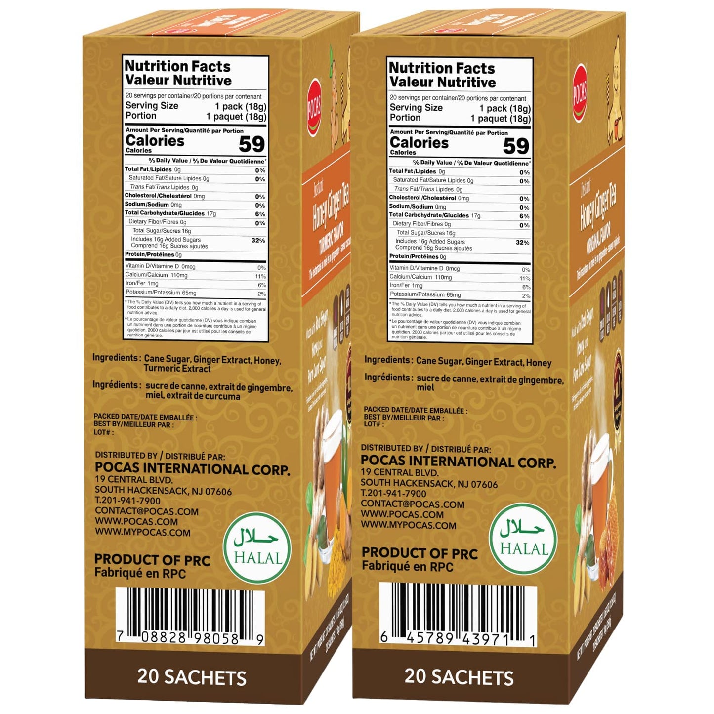 Pocas Honey Ginger Instant Tea Powder, Original & Turmeric, 40 Piece Assortment, Caffeine-Free, 20 Packets per Box