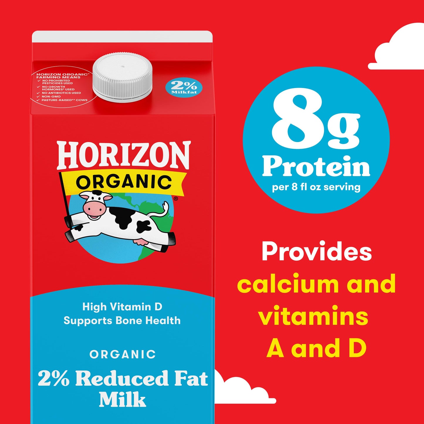 Horizon Organic High Vitamin D 2 Percent Milk, Creamy High Vitamin D Reduced Fat Milk, 64 fl oz Half Gallon Carton