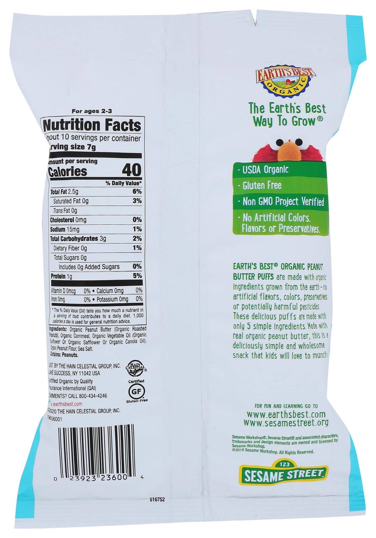 Earths Best Organic Nut Butter Corn Puffs, 2.5 Oz