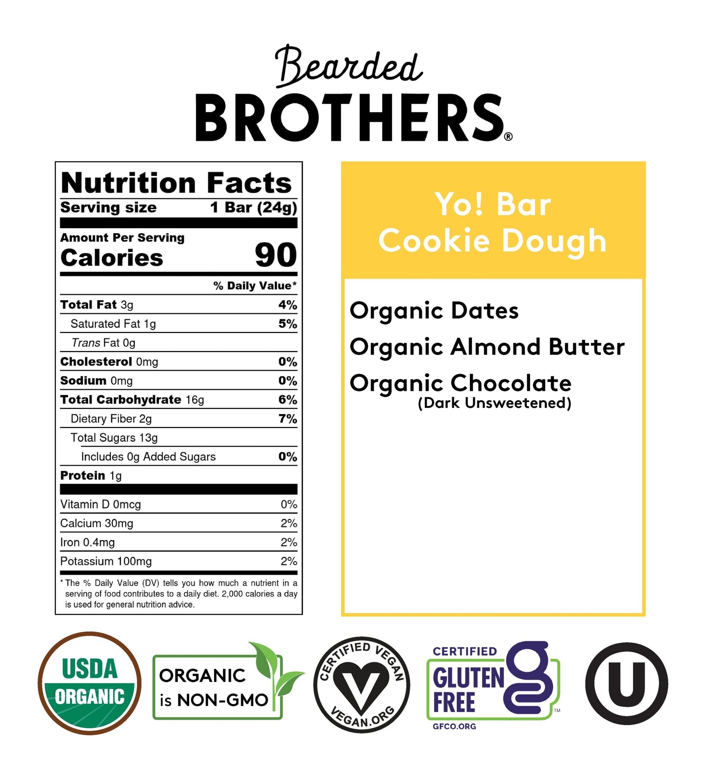 Yo! Bar By Bearded Brothers Vegan Organic Kids Bar, Cookie Dough (25 Bars) - Gluten Free, Paleo And Whole 30 | Soy Free, Non-Gmo, Low Glycemic, No Sugar Added, Fiber + Whole Foods