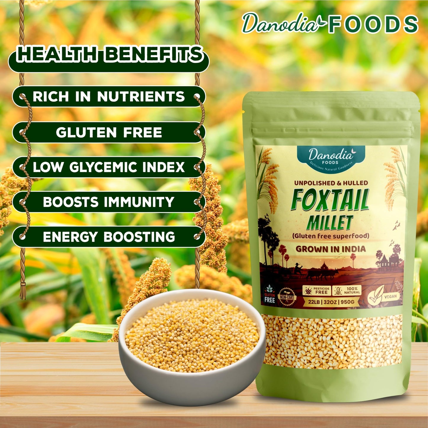 Danodia Foods Organic Foxtail Millet - Gluten-Free Whole Grain Superfood, 2 lbs (950g) - Low GI, High Fiber Alternative