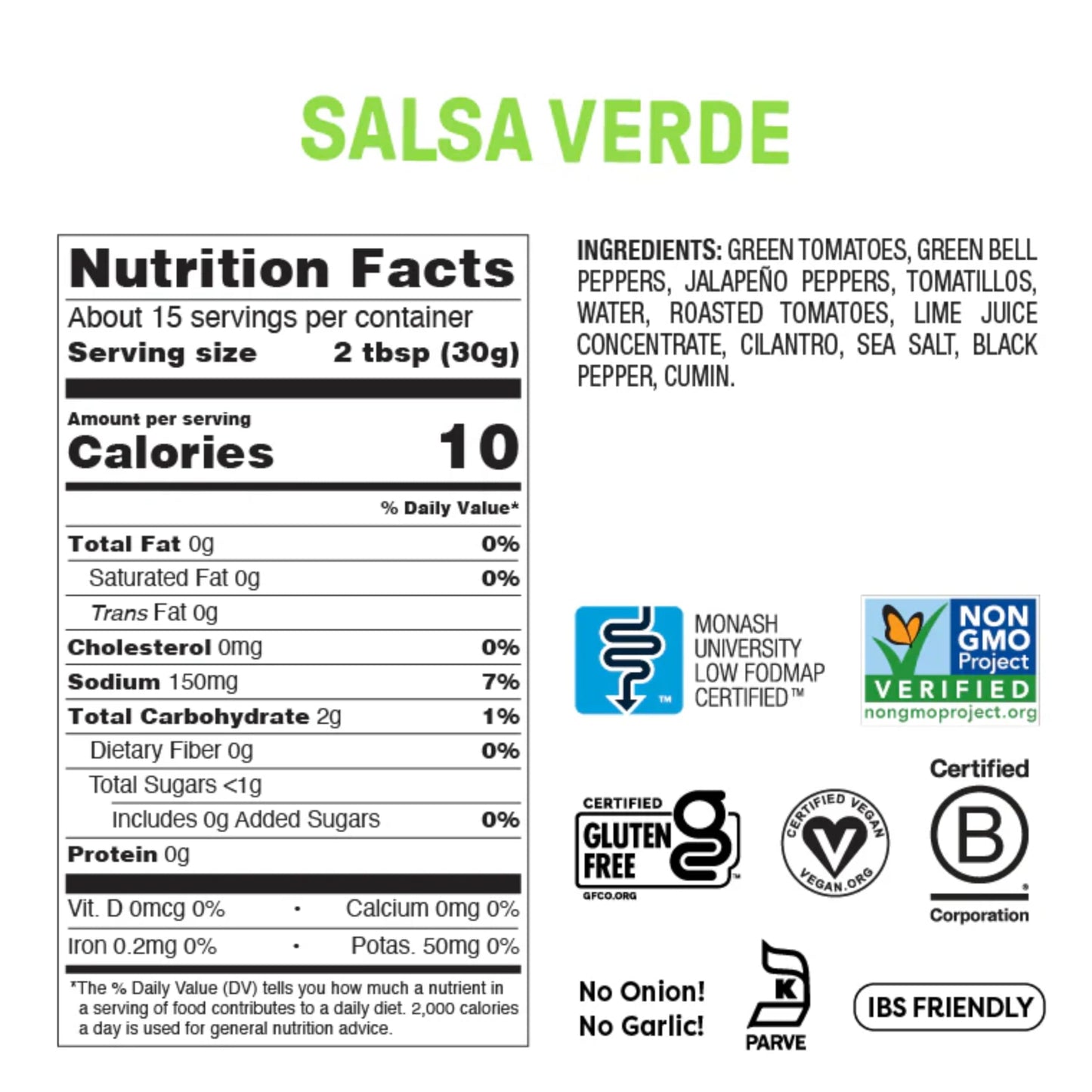 Fody Foods Salsa Verde, 16 Oz, Garlic and Onion Free, Low FODMAP Certified, Gut & IBS Friendly, Vegan, Non-GMO, Gluten Free, Ket