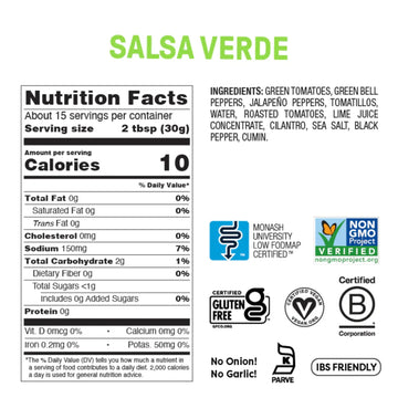 Fody Foods Salsa Verde, 16 Oz, Garlic and Onion Free, Low FODMAP Certified, Gut & IBS Friendly, Vegan, Non-GMO, Gluten Free, Ket