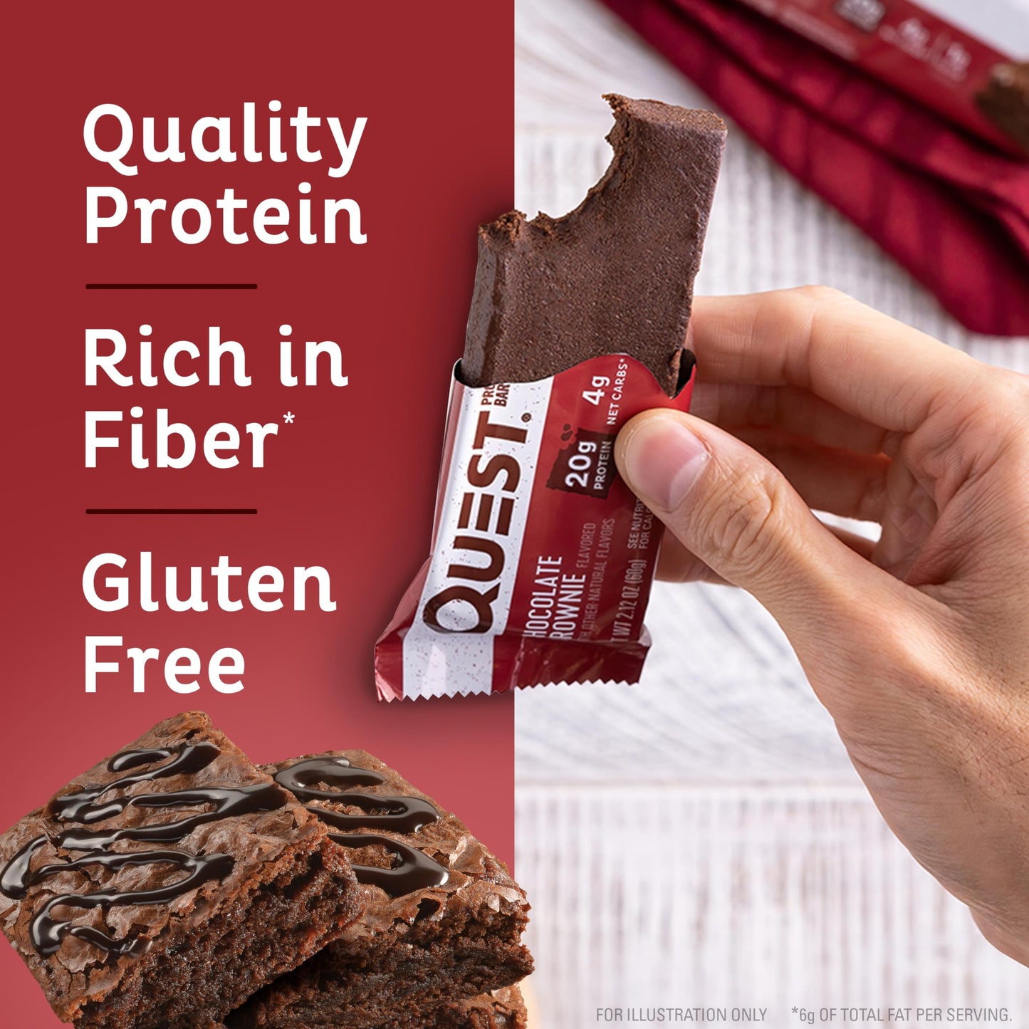 Quest Nutrition Chocolate Brownie Protein Bar, 20G Protein, 1G Sugar, 4G Net Carb, Gluten Free, Gluten Free, 12 Count