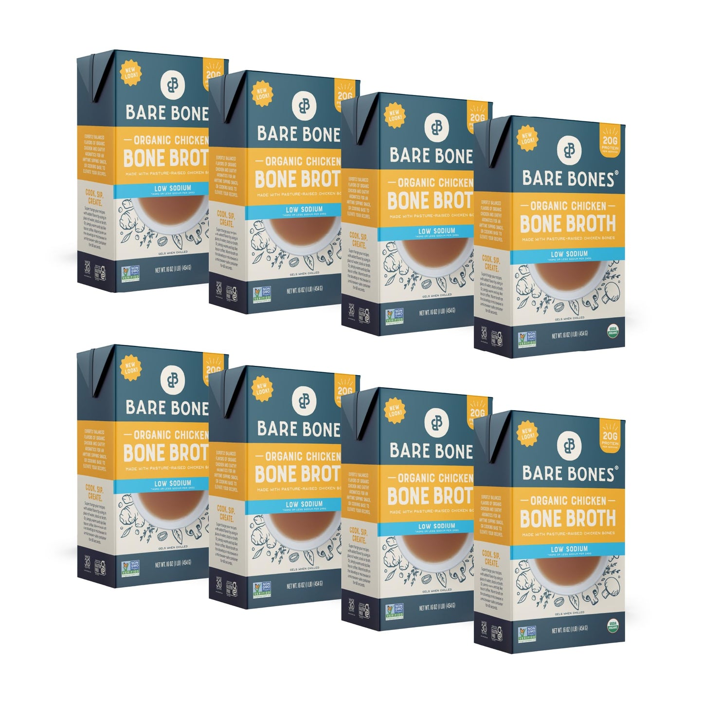 Bare Bones Low Sodium Organic Chicken Bone Broth | Pour W/ Pasture Raised Protein & Collagen For Cooking & Sipping | No Artifici