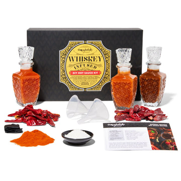 Thoughtfully Gourmet Whiskey Infused Hot Sauce DIY Gift Set - 11 Piece Set with Decanters, Recipe Book, Gloves, and Seasonings