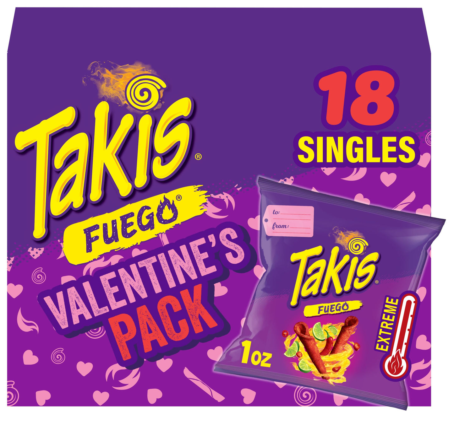 Takis Fuego 18 Pc / 1 Oz ValentineS Day Multipack  Hot Chili Pepper & Lime Flavored Extreme Spicy Rolled Tortilla Chips