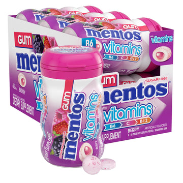Mentos Vitamins Gum, Sugar Free Chewing Gum With Vitamins And Xylitol Sweetener, Berry, 45 Count Bottle, 6 Bottles