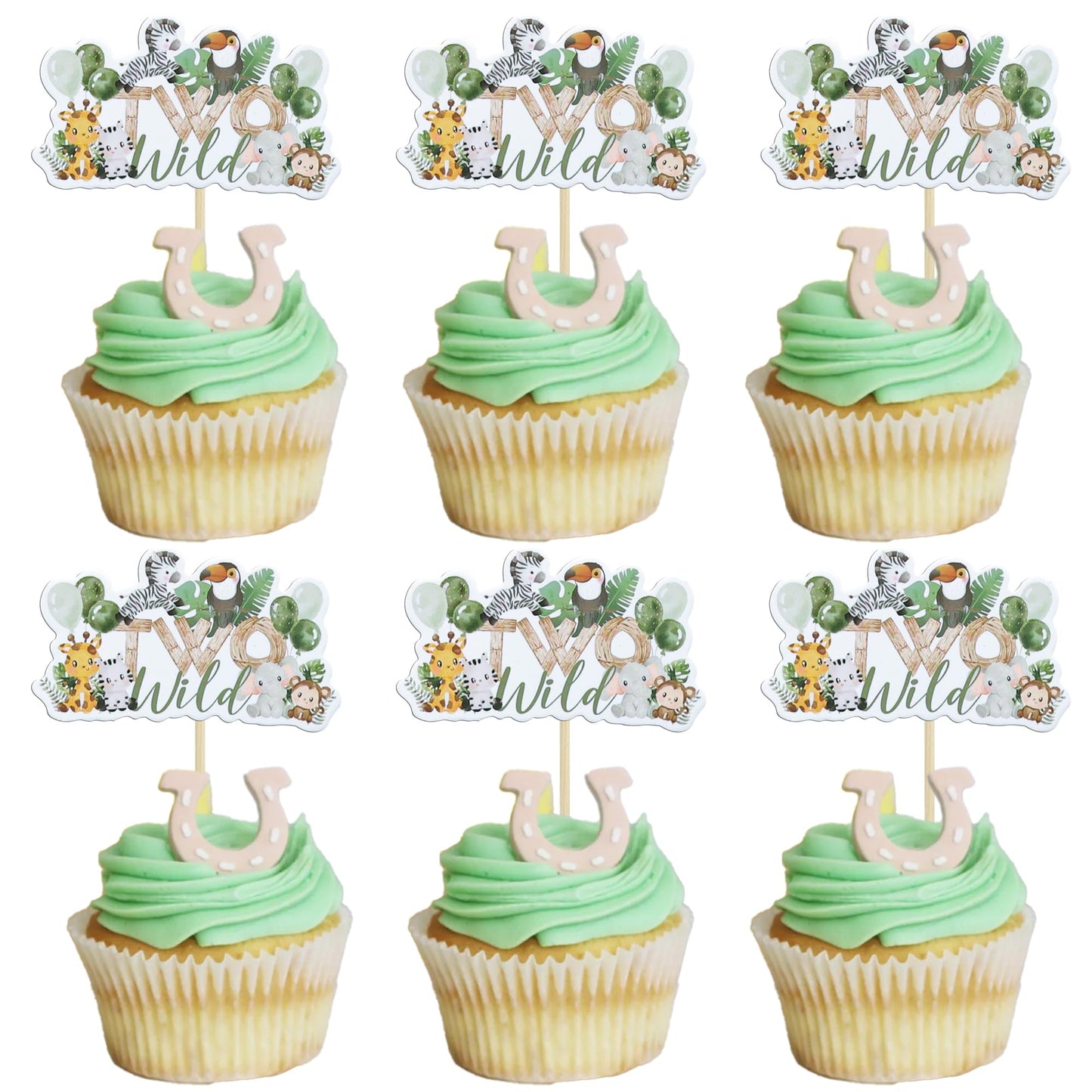 Gyufise Jungle Animal Cupcake Toppers, 36 Pcs, Green Paper Picks for 2nd Birthday and Baby Shower Decorations