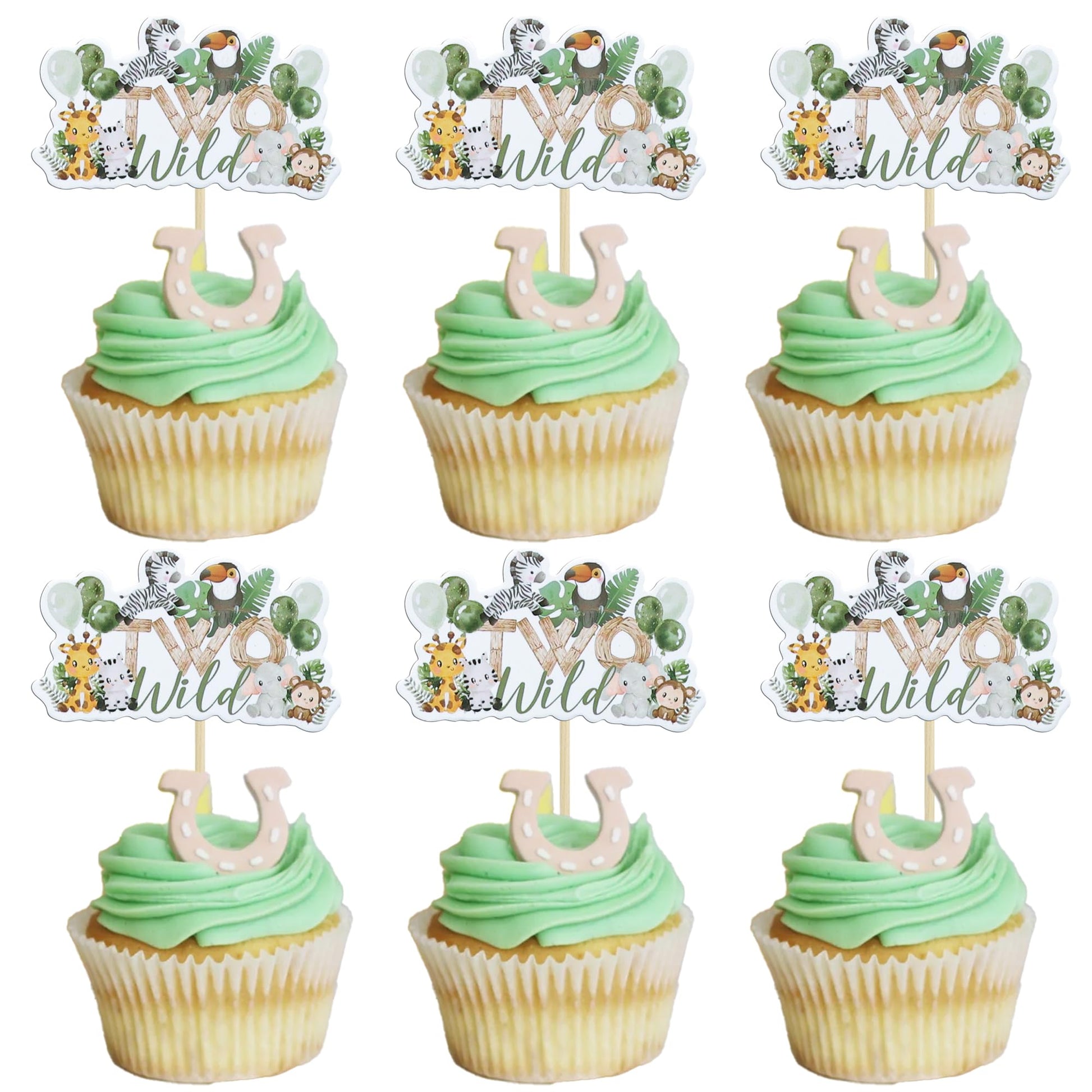 Gyufise Jungle Animal Cupcake Toppers, 36 Pcs, Green Paper Picks for 2nd Birthday and Baby Shower Decorations