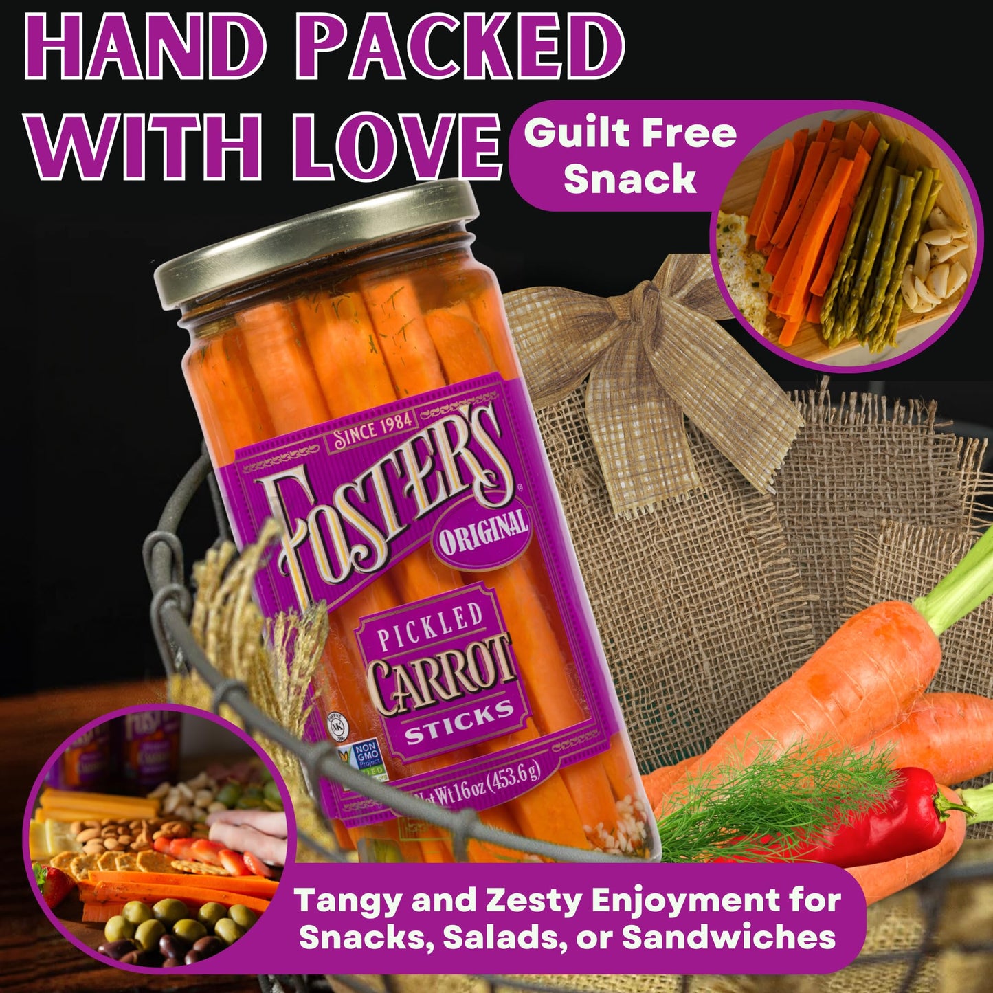 Fosters Pickled Carrots in a Jar, Original, 16oz, 2 Pack, Traditional Pickled Carrot Sticks Recipe for over 40 years, Low Calor