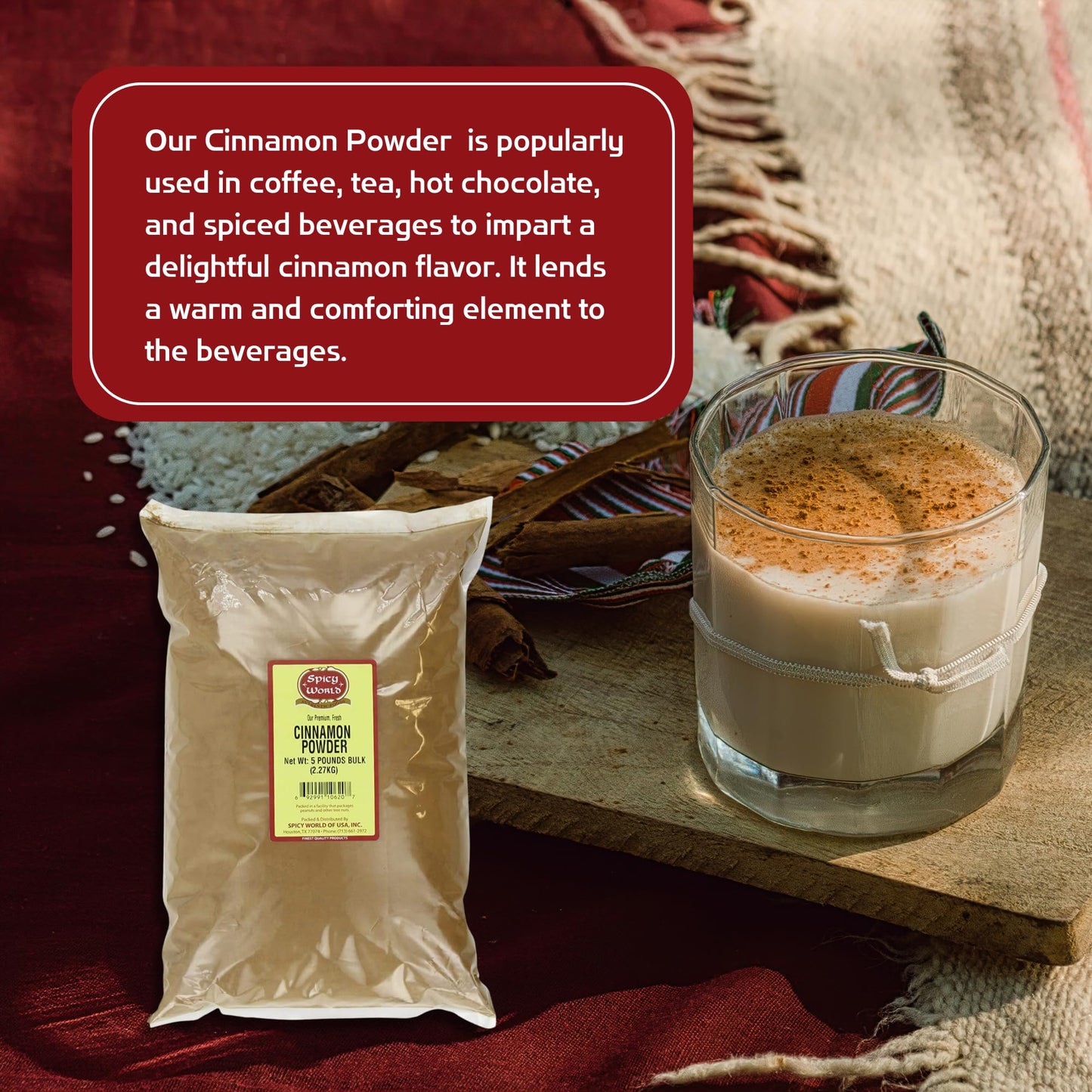 Spicy World Cinnamon Powder 5 Lb Bag - Lab Tested For Lead - Ground Cassia Cinnamon Bulk, Great Authentic Spice For Coffee, Tea, Baking & Oatmeal, Rich Flavor & Aroma