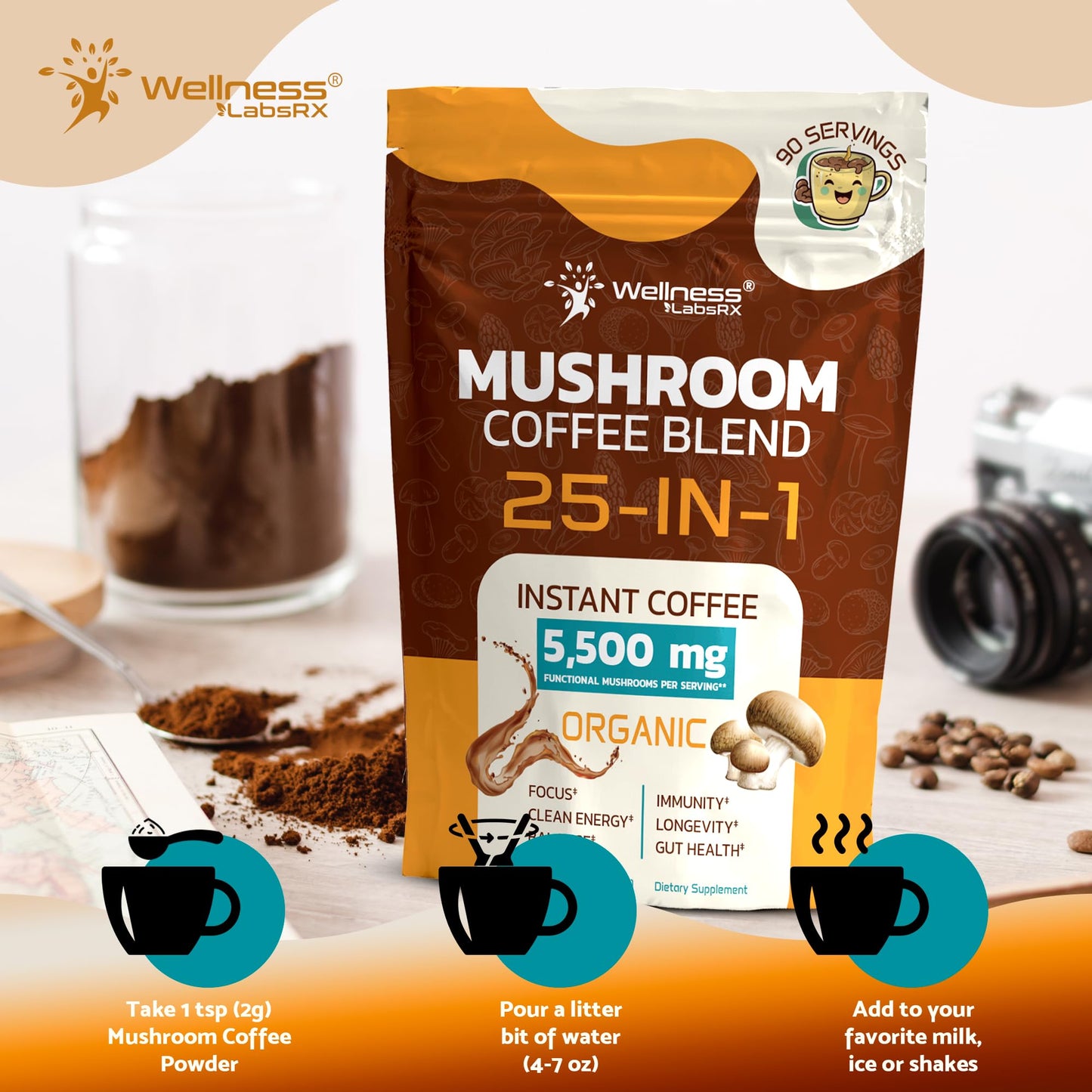 WELLNESS LABS  Mushroom Coffee Instant Coffee, 25-in-1, Keto Friendly, 90 Servings, 6.35 Ounce