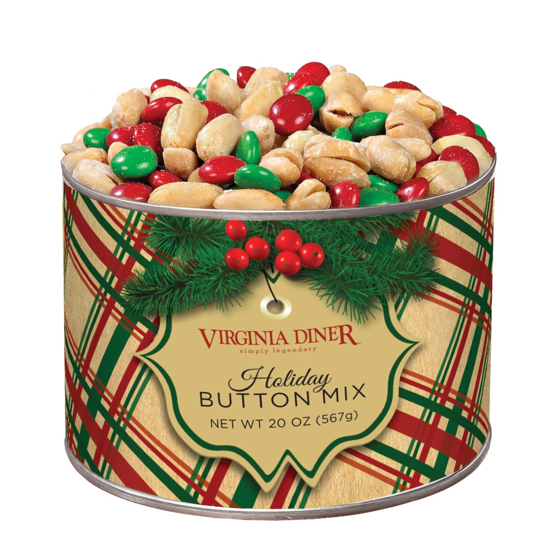 Virginia Diner Holiday Plaid Button Salted & Chocolate Mix - Salted Peanuts With Candy Coated Chocolates Virginia Peanuts Gift Pack Non-Gmo, Preservative Free From Virginia Since 1929-20 Oz Can