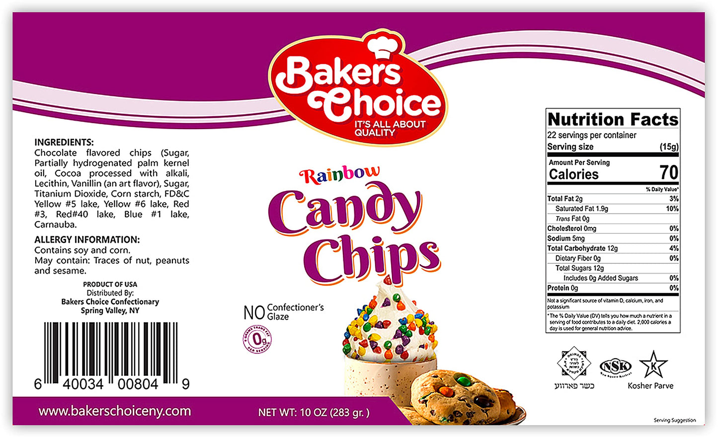 Rainbow Candy Coated Chocolate Chips - Dairy Free, Kosher - 10 oz. - Bakers Choice