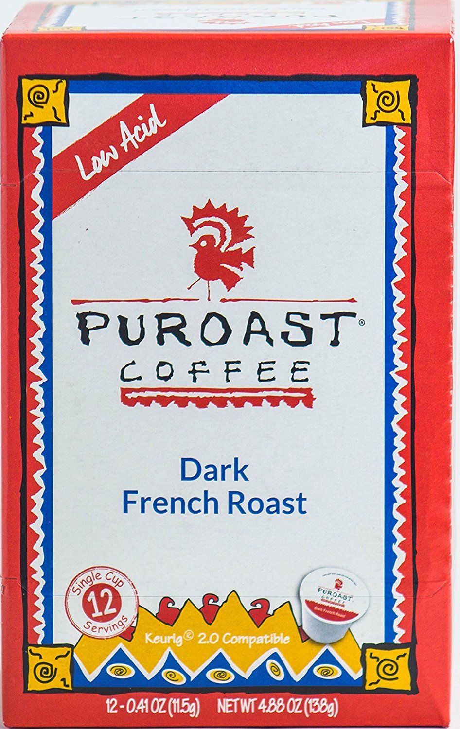 Puroast Low Acid Coffee Single-Serve Pods, Bold French Roast, High Antioxidant, Compatible with Keurig 2.0 Coffee Makers, 12 Count