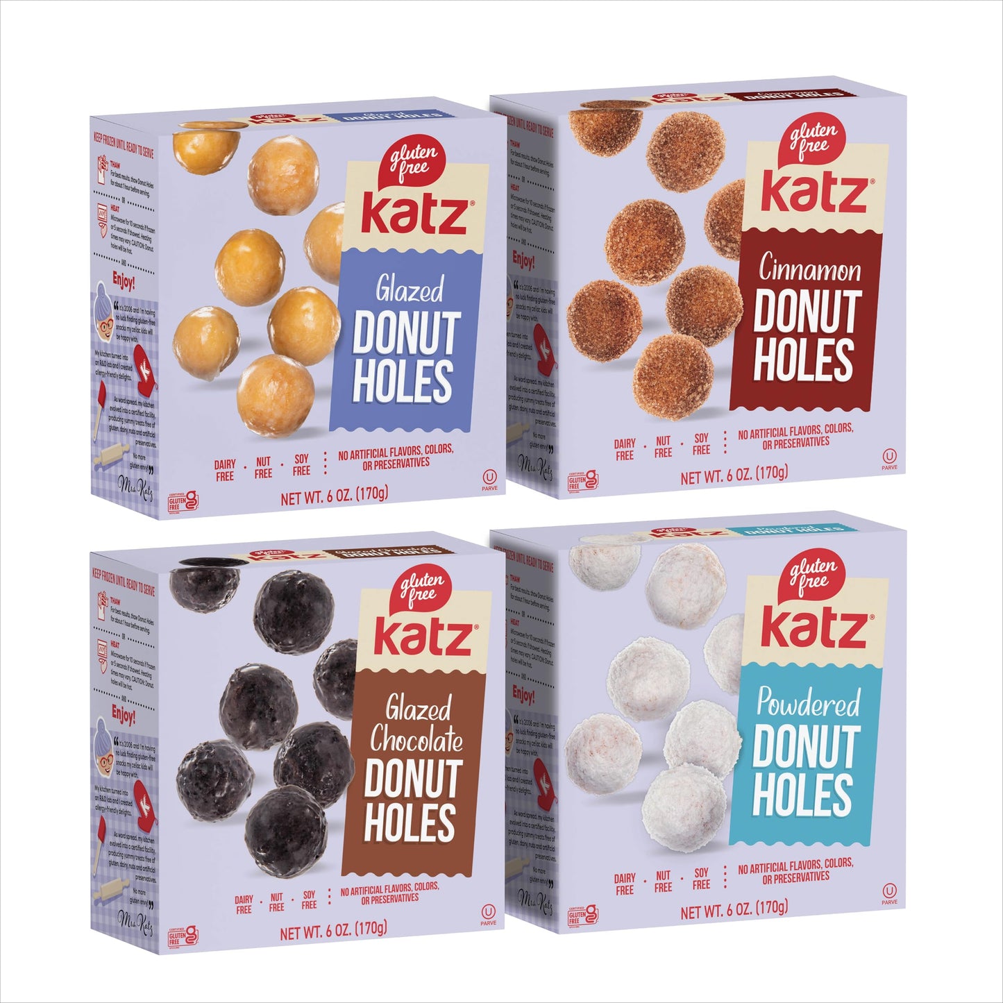 Katz Gluten Free Snacks Donut Holes Variety Pack: Powdered, Glazed, Glazed Chocolate, and Cinnamon. Free of Dairy, Soy, Tree Nut