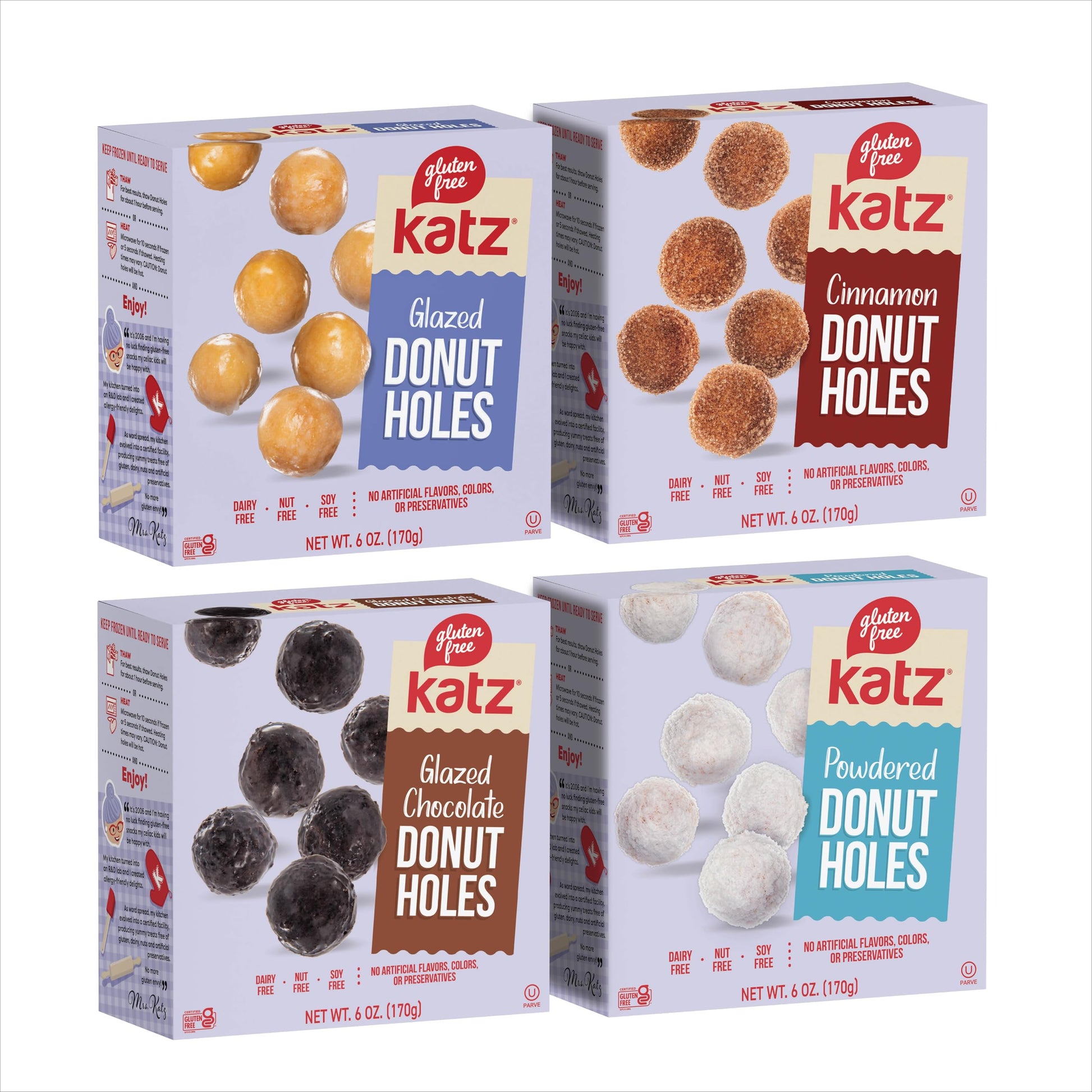 Katz Gluten Free Snacks Donut Holes Variety Pack: Powdered, Glazed, Glazed Chocolate, and Cinnamon. Free of Dairy, Soy, Tree Nut