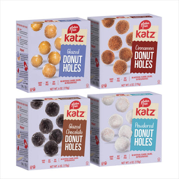 Katz Gluten Free Snacks Donut Holes Variety Pack: Powdered, Glazed, Glazed Chocolate, and Cinnamon. Free of Dairy, Soy, Tree Nut