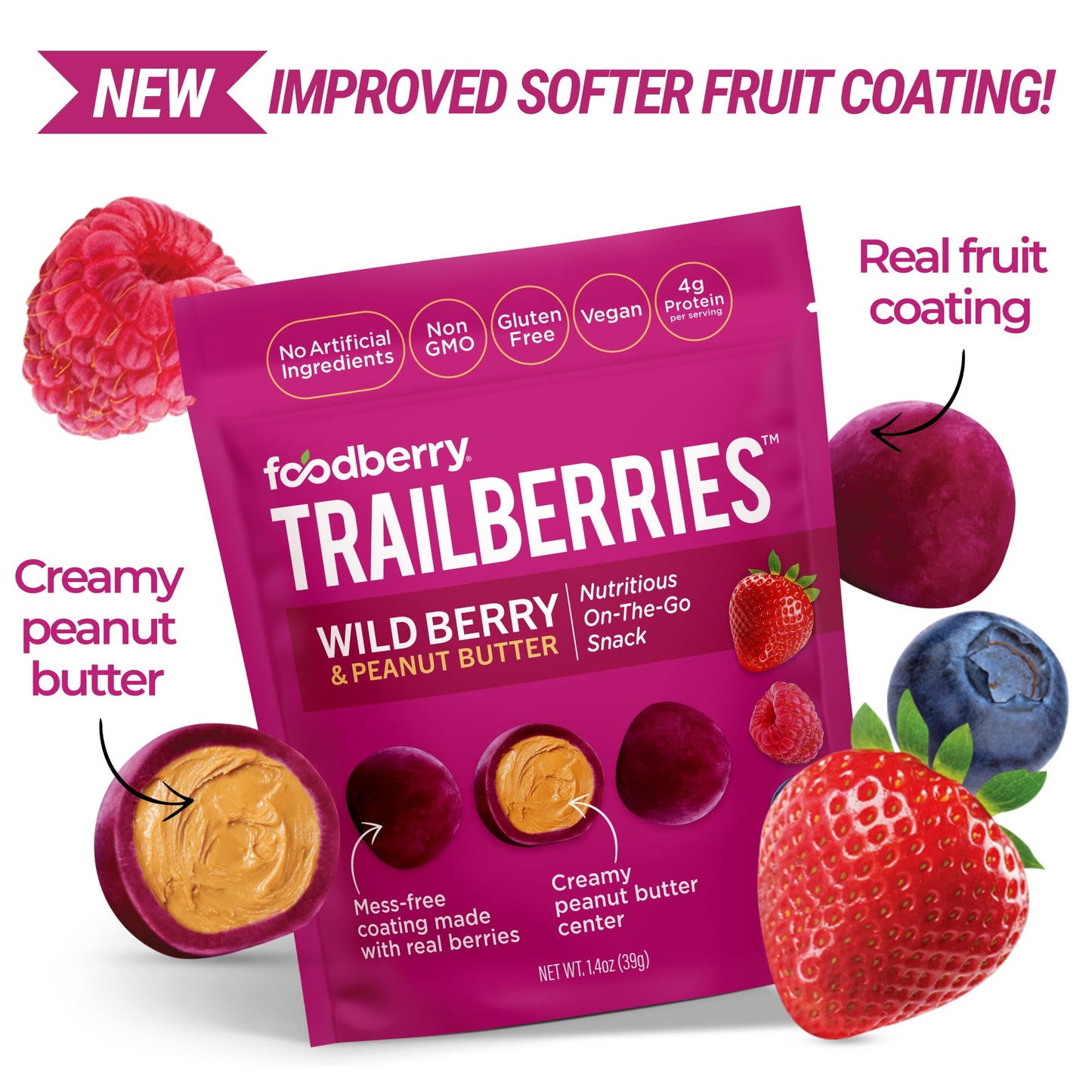 Foodberry Peanut Butter Trailberries, Nutritious Snack, Delicious Bites of Creamy Peanut Butter Coated in Real Fruit (Like Softe