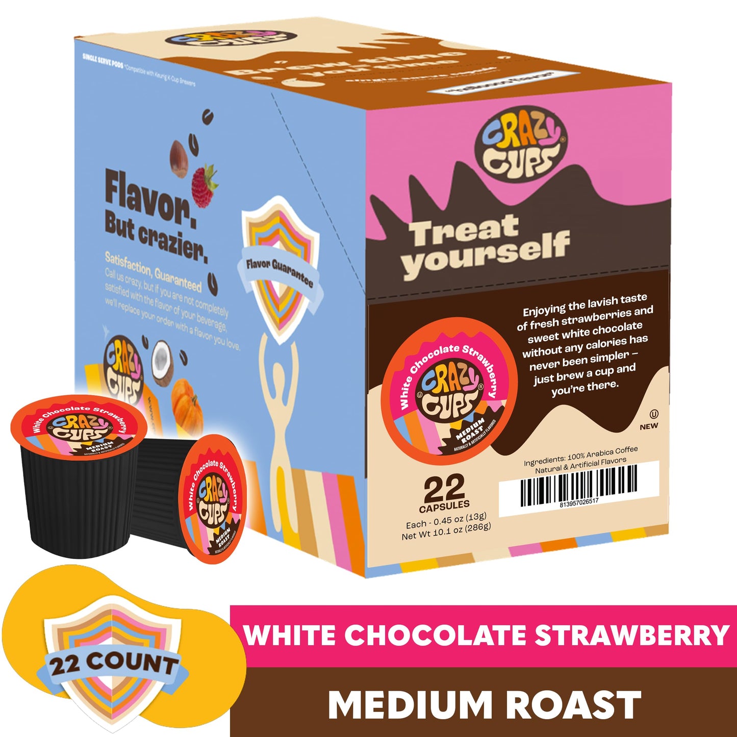 Crazy Cups Flavored Coffee Pods for Keurig, White Chocolate Strawberry, Medium Roast, 22 Count