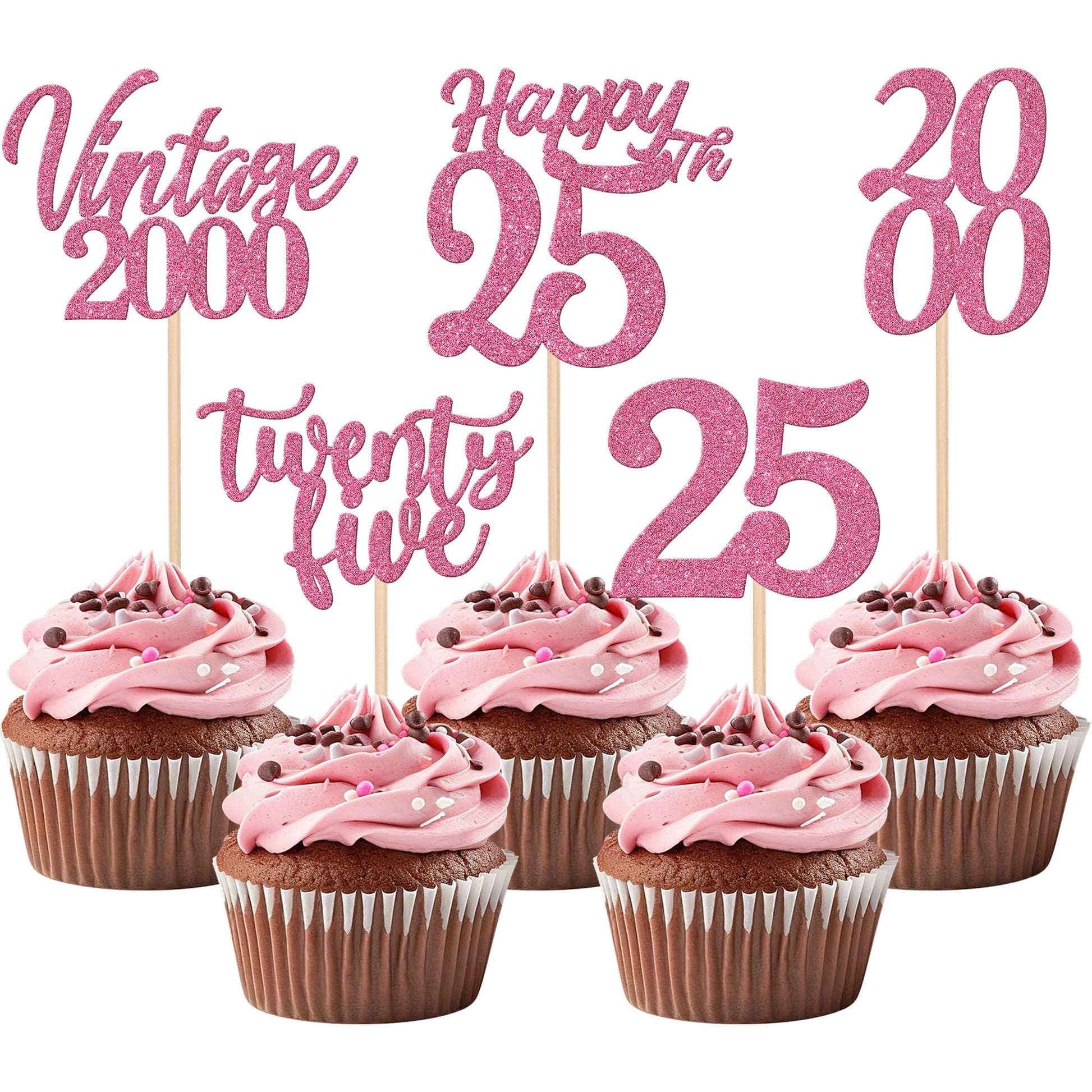 30PCS Happy 25th Birthday Cupcake Toppers Cheers to 25 Vintage 2000 Cupcake Picks Hello 25 Twenty Five 25th Birthday Decorations
