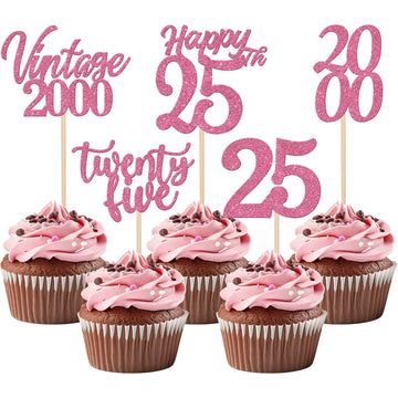 30PCS Happy 25th Birthday Cupcake Toppers Cheers to 25 Vintage 2000 Cupcake Picks Hello 25 Twenty Five 25th Birthday Decorations