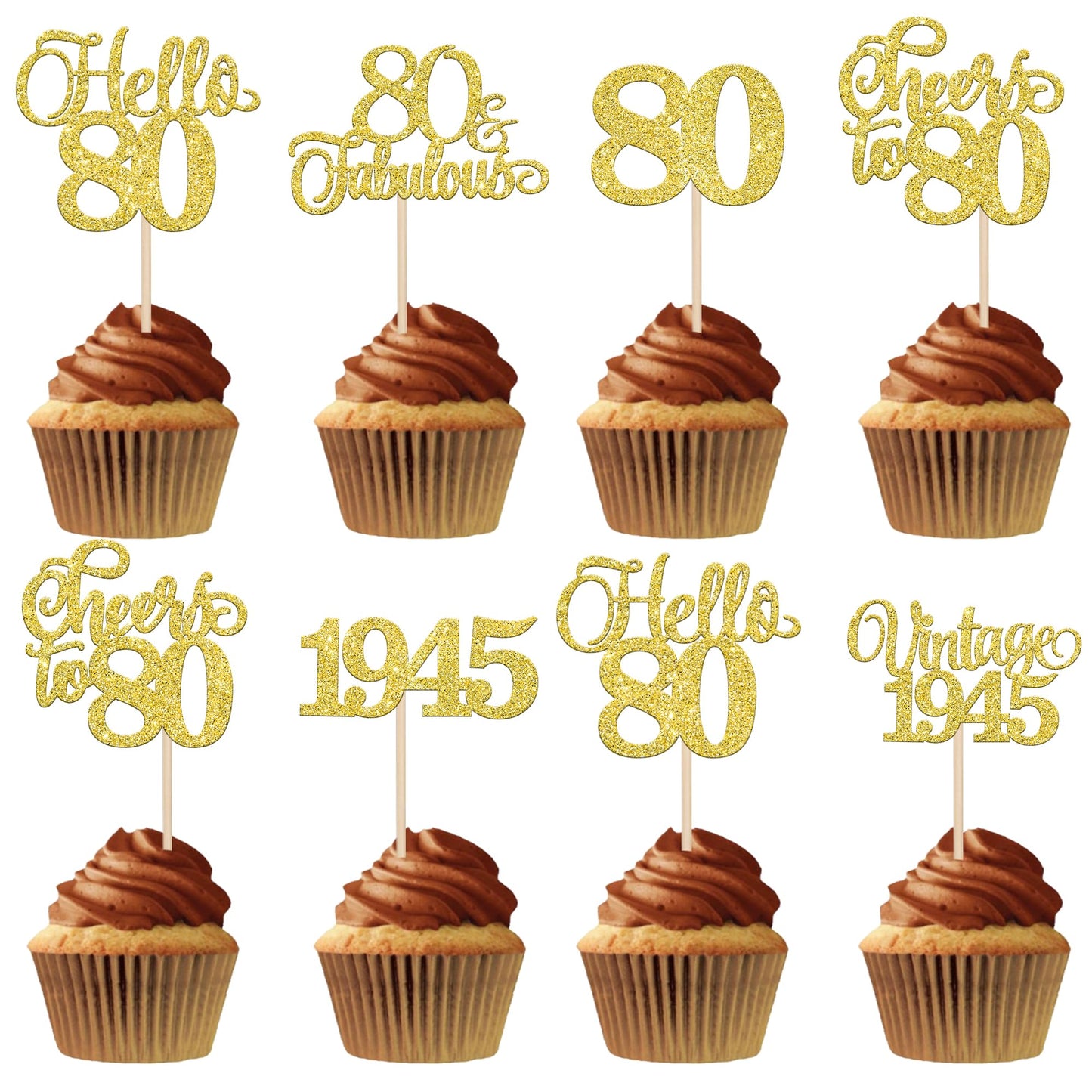 Rsstarxi 24 Pack Gold Glitter 80th Birthday Cupcake Toppers Paper Cake Decorations