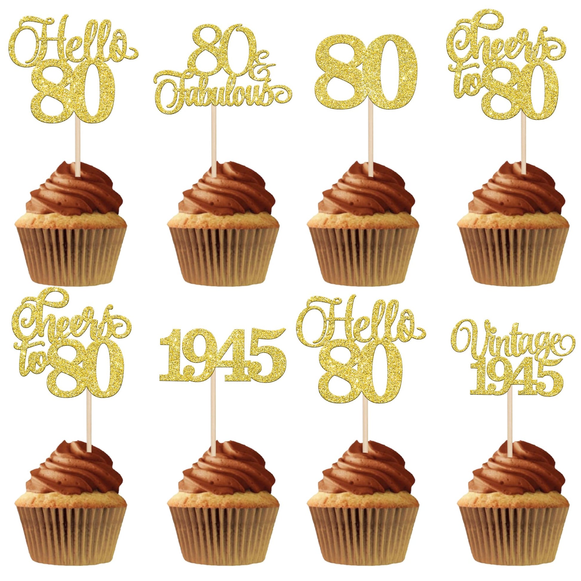 Rsstarxi 24 Pack Gold Glitter 80th Birthday Cupcake Toppers Paper Cake Decorations