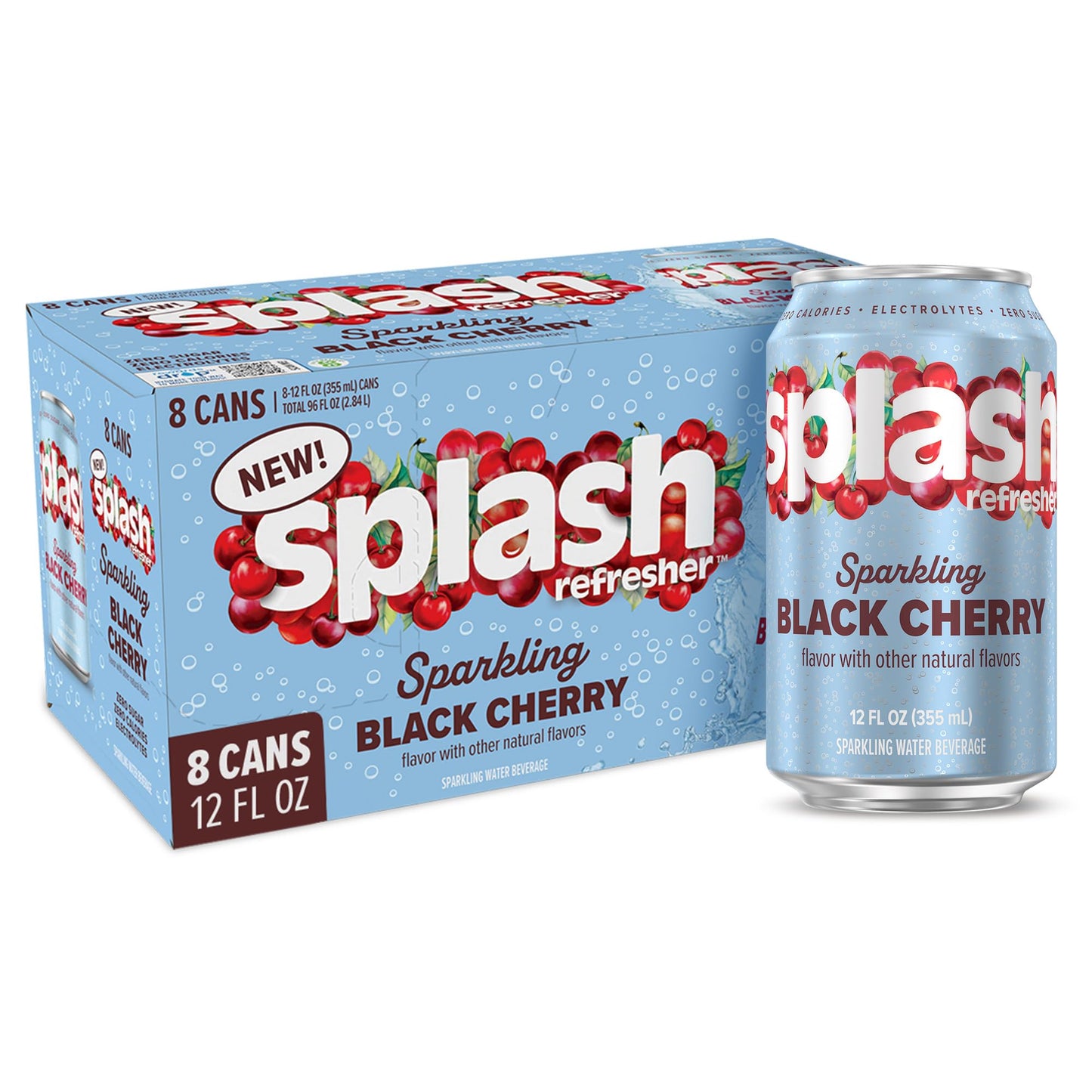 Splash Refresher Sparkling Water, Black Cherry - 8-Pack, 12 Fl Oz Cans - Flavored Carbonated Seltzer Water with Electrolytes, Ze