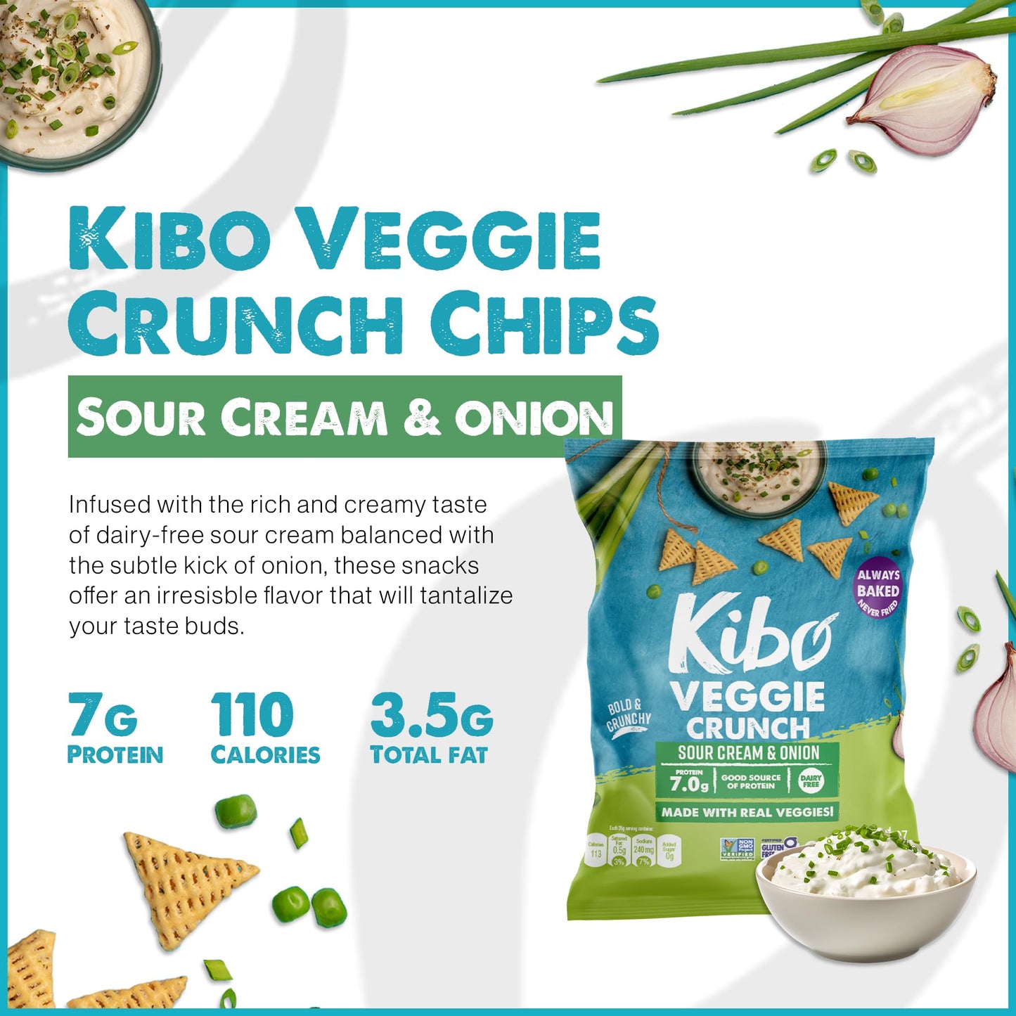 Kibo Veggie Chips Sour Cream And Onion - Plant-Based Protein, Gluten-Free, Non-Gmo, Vegan-Friendly, 3D Triangles, Crunchy, Made