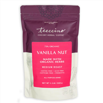 Teeccino Vanilla Nut Ground Herbal Coffee Alternative, Caffeine Free, Medium Roast, 1.1 Pound