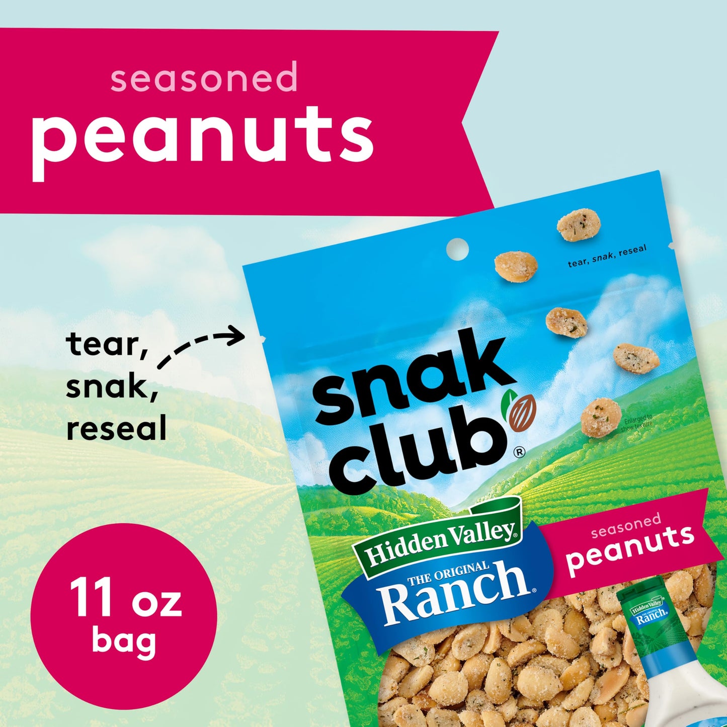 Snak Club Peanuts with Hidden Valley Ranch Seasoning, Gluten-Free Snack, 11 oz Resealable Bag