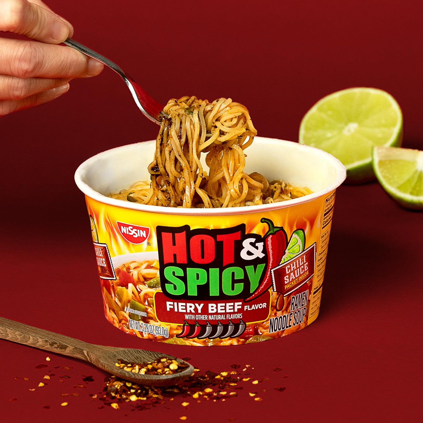 Nissin Hot & Spicy Ramen Noodle Soup, Fiery Beef, 3.28 Ounce (Pack Of 6)